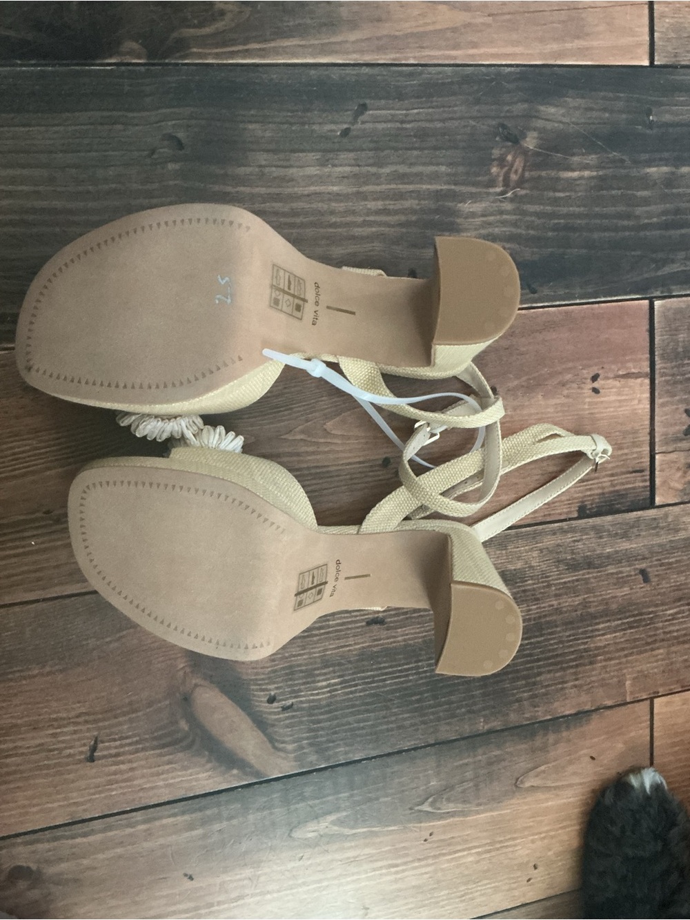 Dolce Vita Beige Slide Sandals with Black and Beige Pom-Poms - Picture 3 of 4